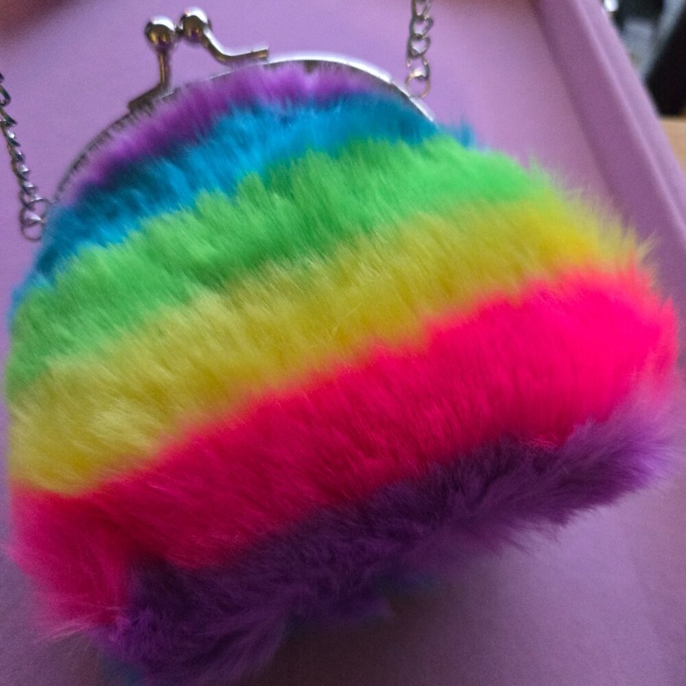 Plushie Rainbow Ombre Coin Purse Necklace Decora Faux Fur Kawaii Kitch Colorful - Picture 5 of 6